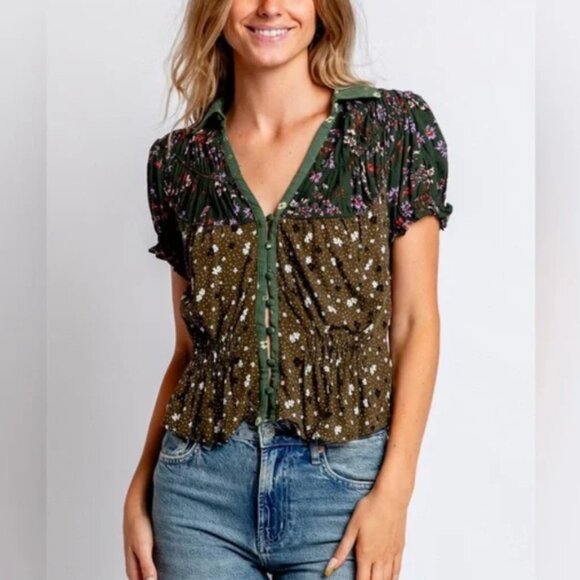 Free People Bella Blouse Kelp Forest Combo Small NWT - Picture 1 of 4
